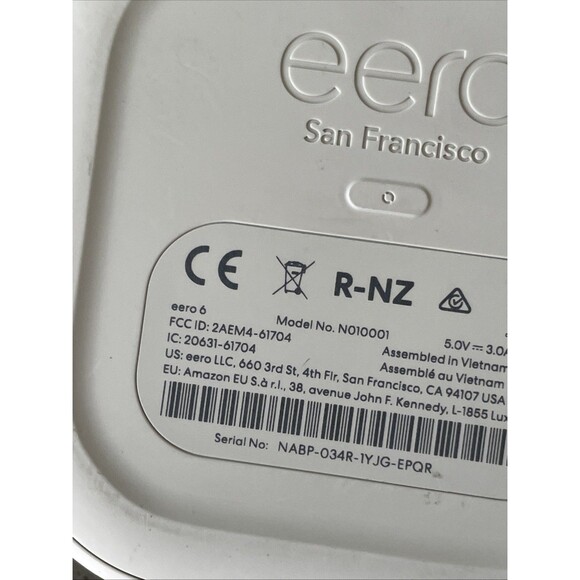 Eero 6 Dual Band Mesh Router Model Number N010001 White w cord - Picture 8 of 9